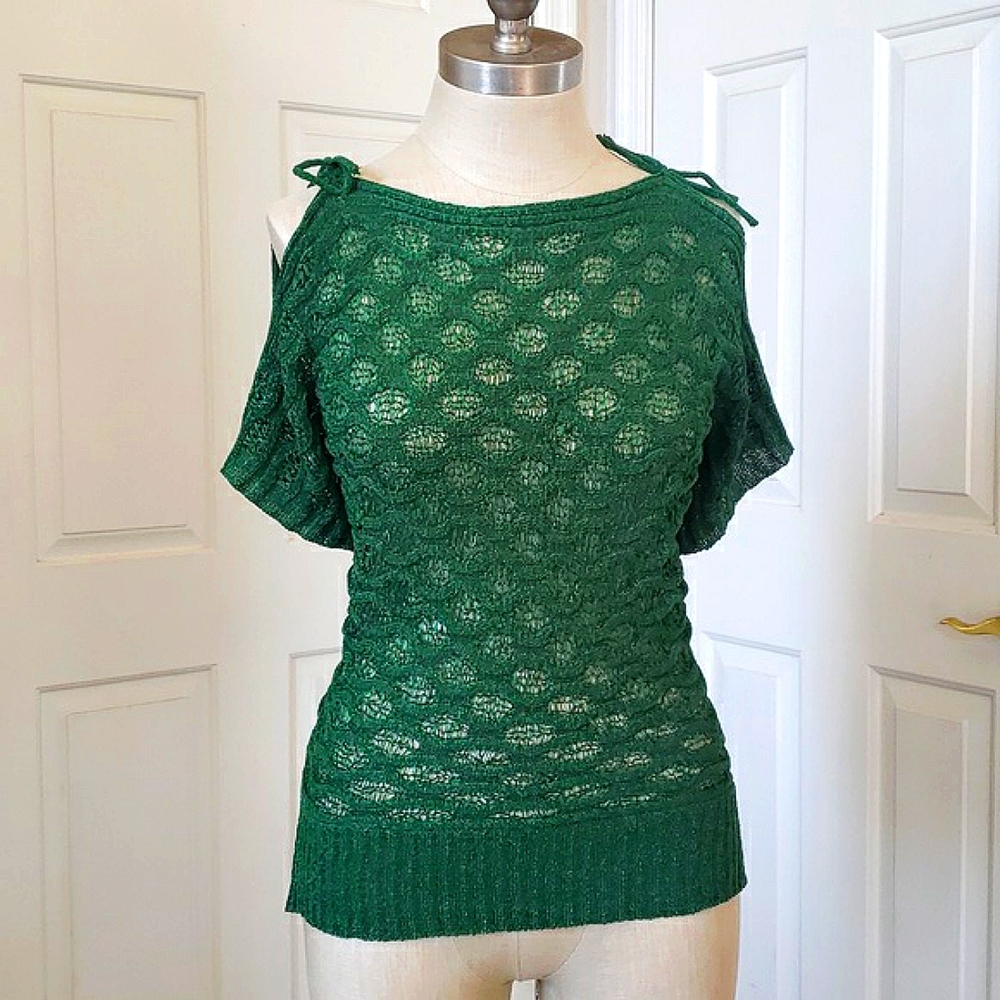 Vintage 90s Y2K Crochet Knit Sweater | Peekaboo Cold Shoulder Boatneck | MEDIUM - Picture 3 of 11